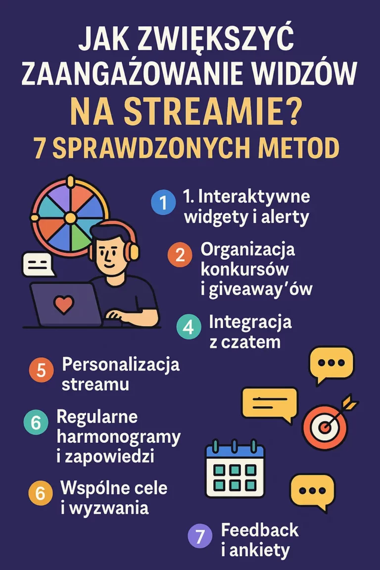 Grafika ilustrująca 7 metod na zwiększenie zaangażowania widzów na streamie, z ikonami i tytułem w języku polskim